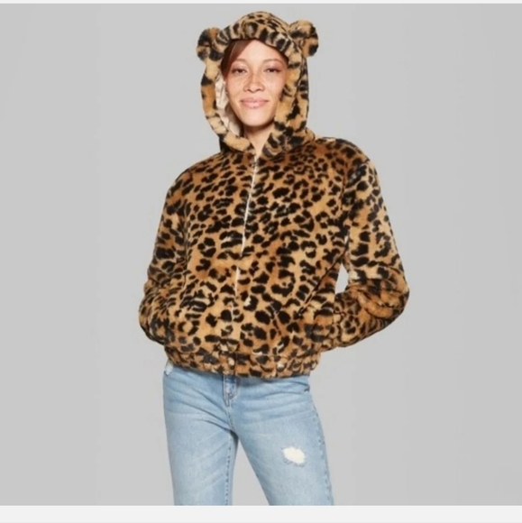 Wild Fable Women's Animal cheetah leopard Faux Fur Zip Hooded Jacket Size Large - Picture 3 of 13